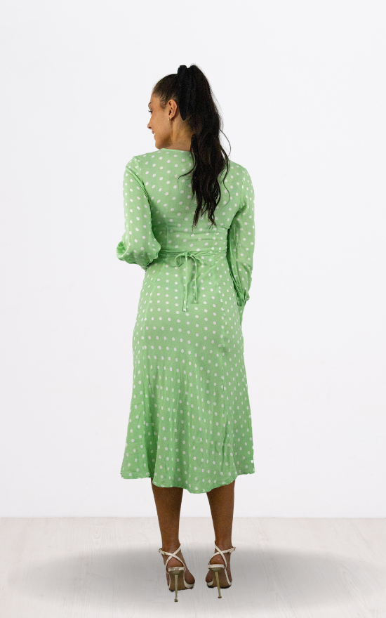 Sage Green Spot Print Full Sleeve Midi Dress – Signagefashion