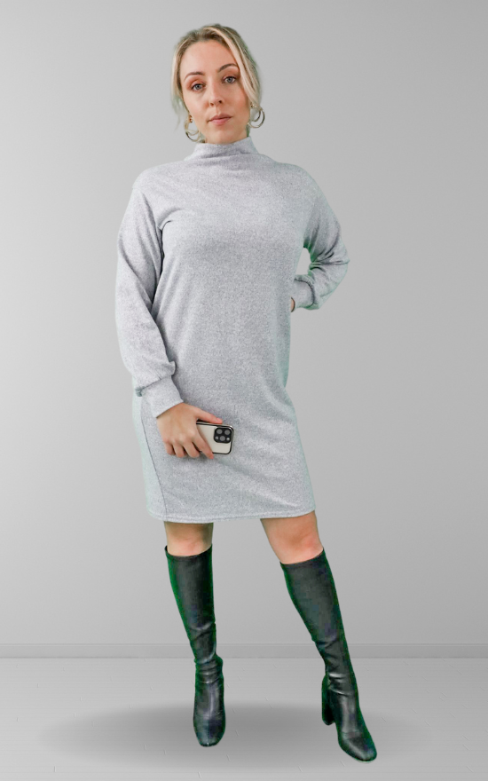 Grey Funnel Neck Long Sleeve Jumper Mini Dress Signagefashion