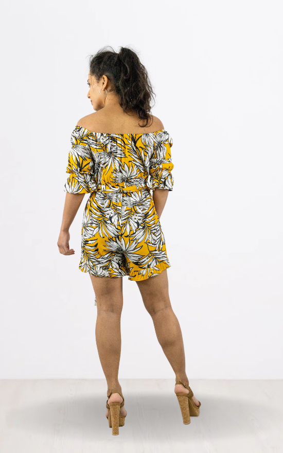 Yellow Bardot Tropical Leaf Print Playsuit