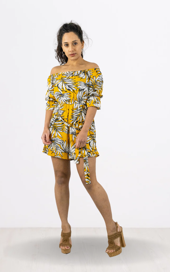 Yellow Bardot Tropical Leaf Print Playsuit