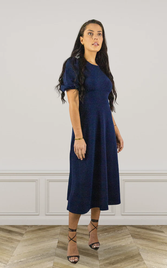 Navy Round Neck Puff Sleeve Midi Dress