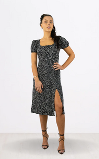 Black Spot Print Front Slit Midi Dress