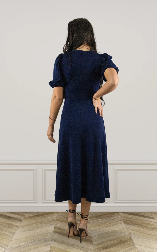 Navy Round Neck Puff Sleeve Midi Dress