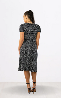 Black Spot Print Front Slit Midi Dress