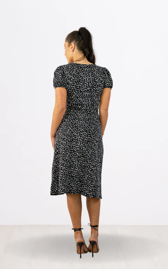 Black Spot Print Front Slit Midi Dress