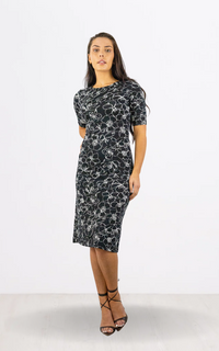 Black Floral print Round Neck Midi Dress