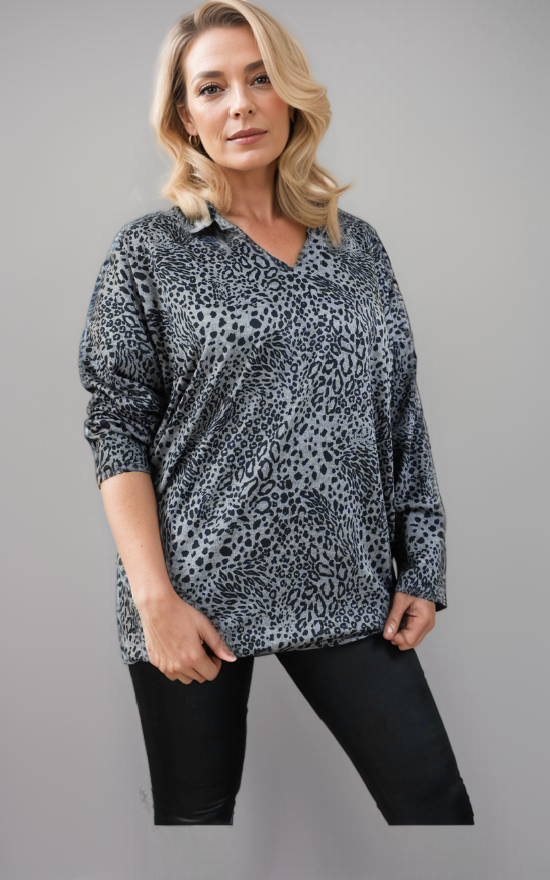 Leopard Print Round Neck Long Sleeve Tunic Jumper