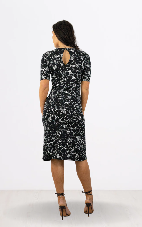 Black Floral print Round Neck Midi Dress