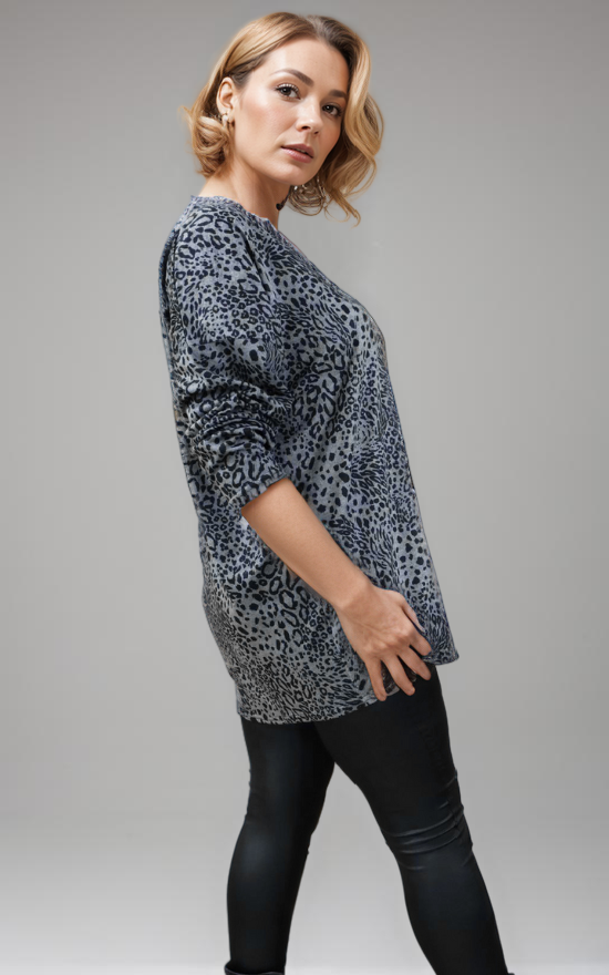 Leopard Print Round Neck Long Sleeve Tunic Jumper
