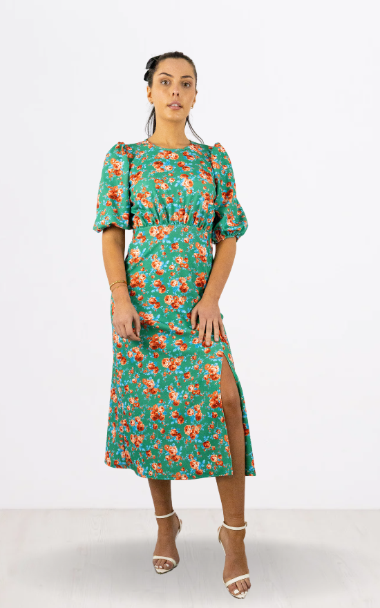 Green Floral Print Round Neck Dress