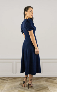 Navy Round Neck Puff Sleeve Midi Dress