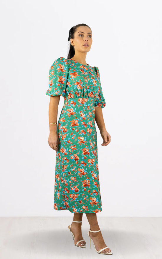 Green Floral Print Round Neck Dress