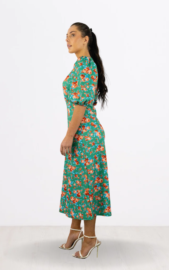 Green Floral Print Round Neck Dress