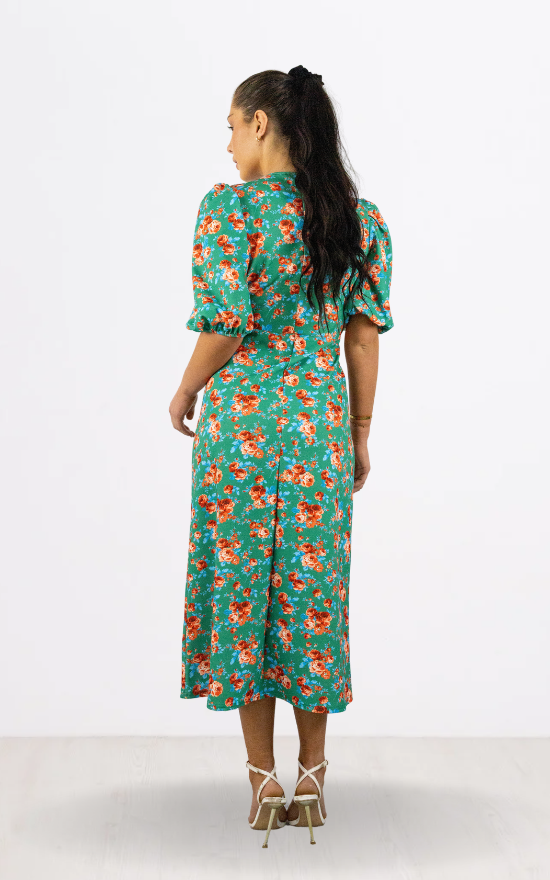 Green Floral Print Round Neck Dress