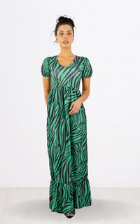 Green Zebra Print Round Neck Maxi Dress