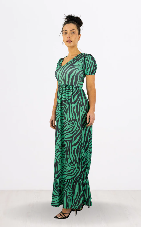 Green Zebra Print Round Neck Maxi Dress