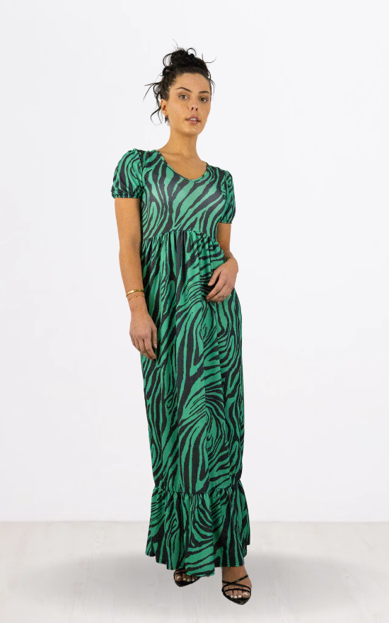 Green Zebra Print Round Neck Maxi Dress