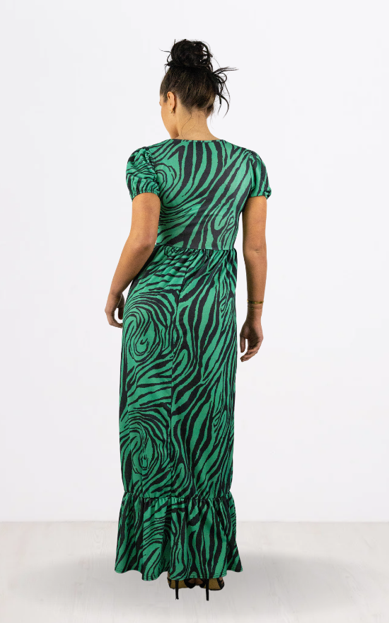 Green Zebra Print Round Neck Maxi Dress