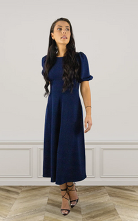 Navy Round Neck Puff Sleeve Midi Dress