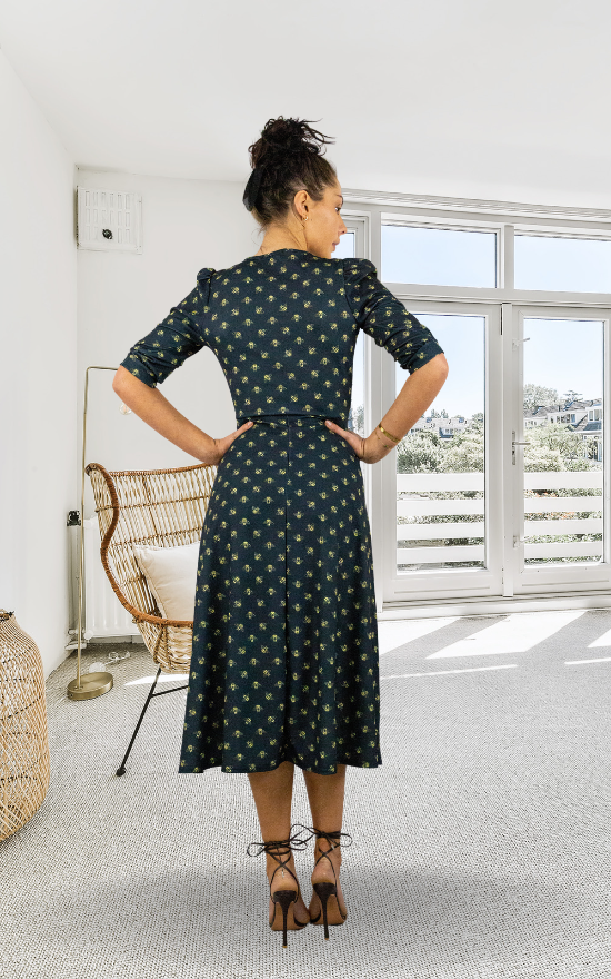 Black Animal Print Neck Tie Midi Dress