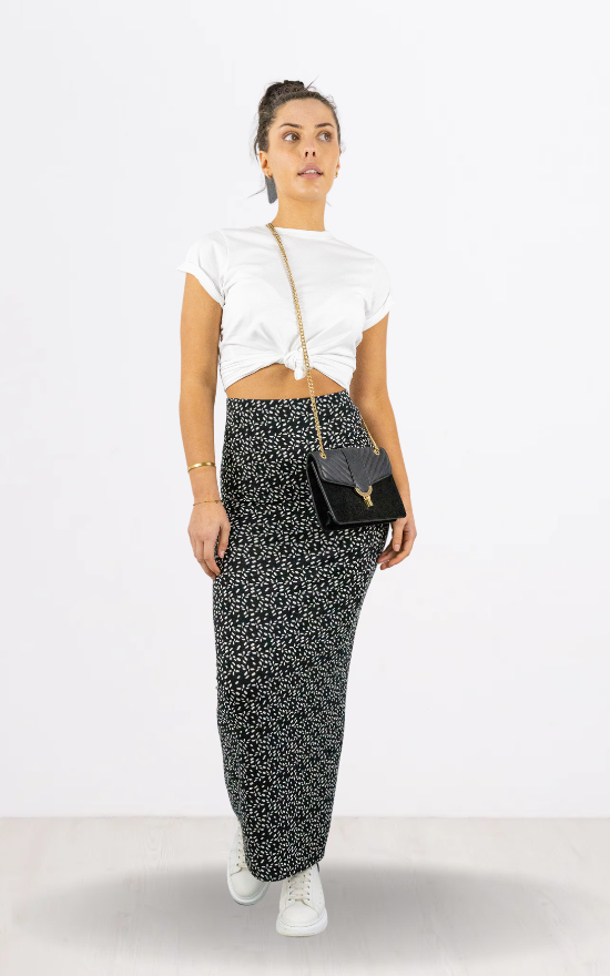 Black Print Pencil Maxi Skirt