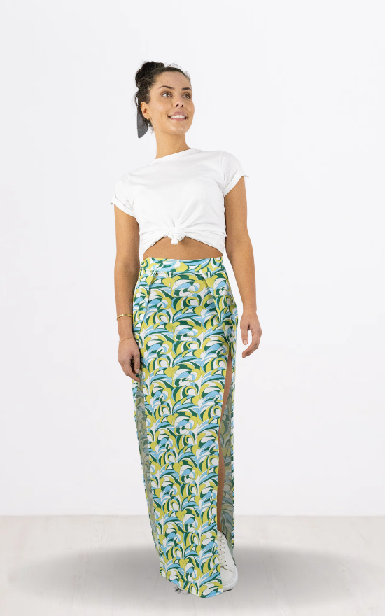 Green Geo Print Double Split Maxi Skirt