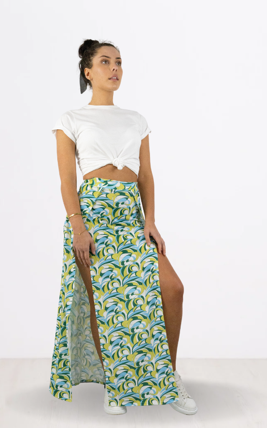 Green Geo Print Double Split Maxi Skirt