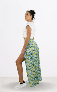 Green Geo Print Double Split Maxi Skirt