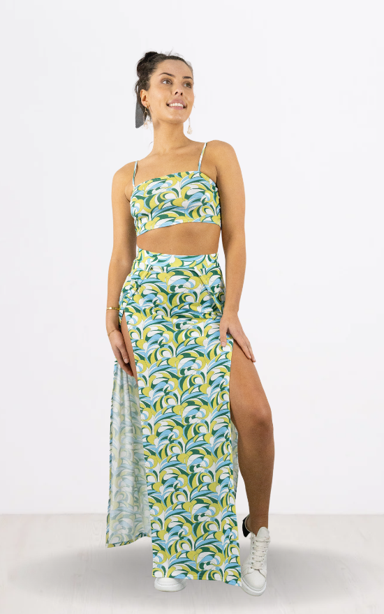 Green Geo Print Crop Top & Maxi Skirt Set