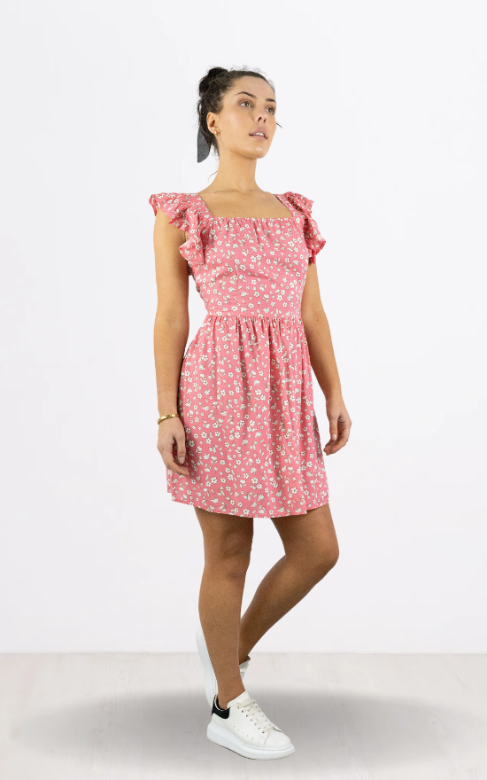 Pink Floral Frill Sleeve Skater Dress