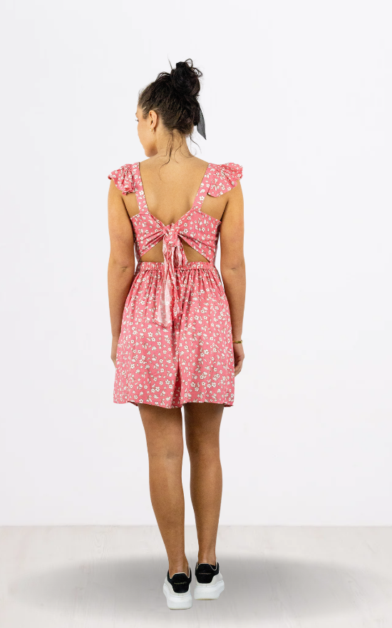 Pink Floral Frill Sleeve Skater Dress