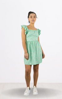 Aqua Green Floral Frill Sleeve Skater Dress