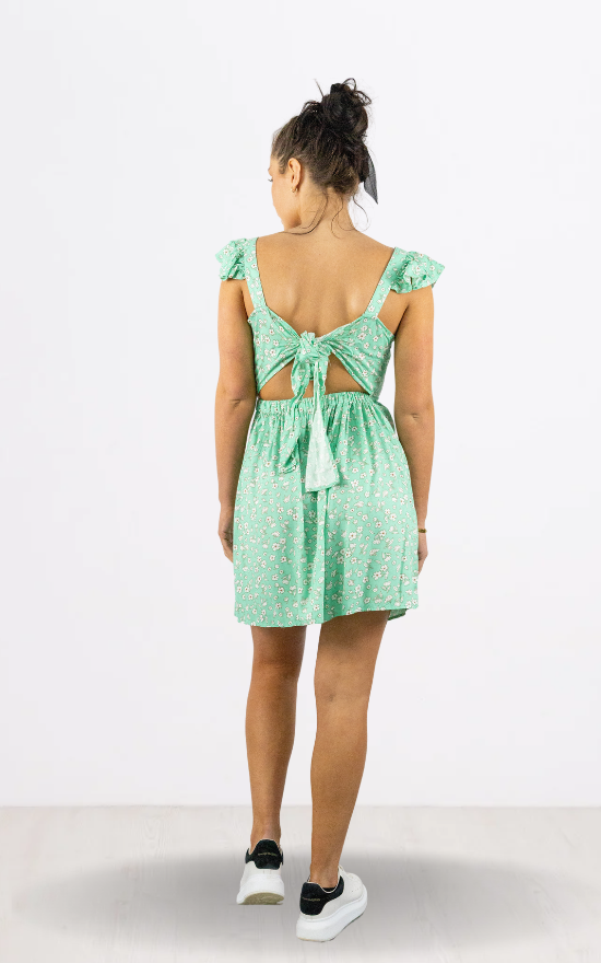 Aqua Green Floral Frill Sleeve Skater Dress