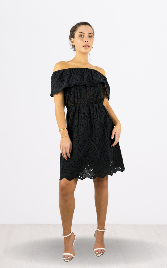 Black Off Shoulder Broderie Anglaise Dress