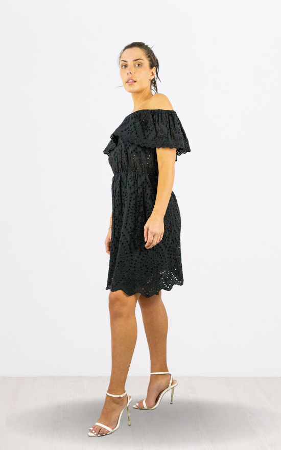 Black Off Shoulder Broderie Anglaise Dress