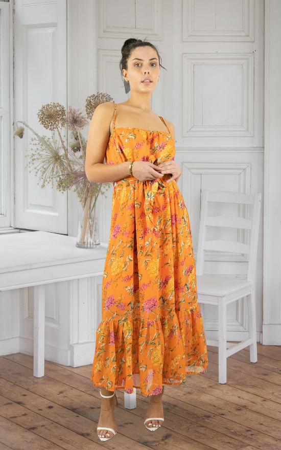 Orange Floral Tiered Strappy Maxi Dress