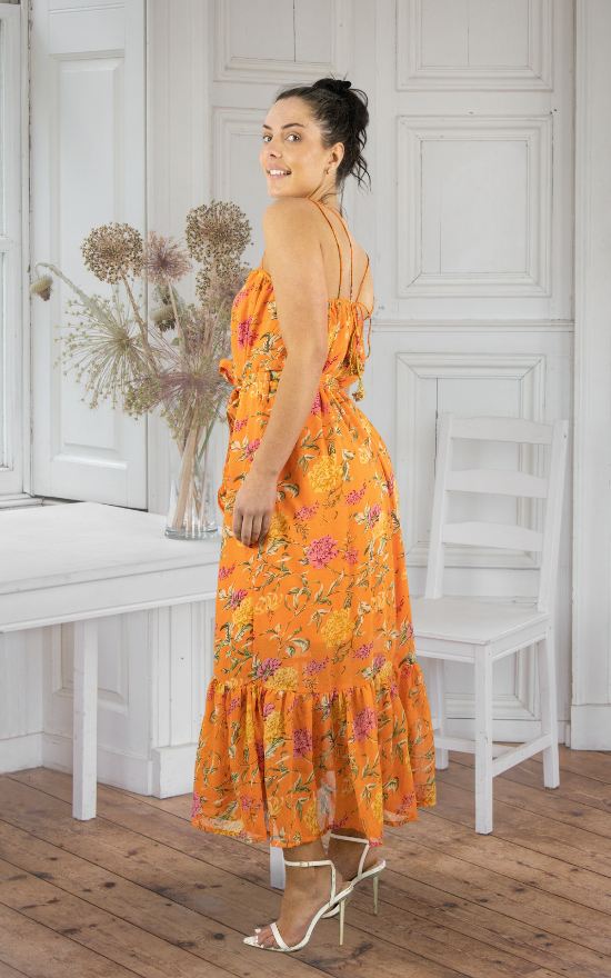 Orange Floral Tiered Strappy Maxi Dress