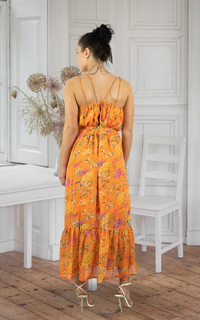 Orange Floral Tiered Strappy Maxi Dress