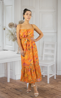 Orange Floral Tiered Strappy Maxi Dress
