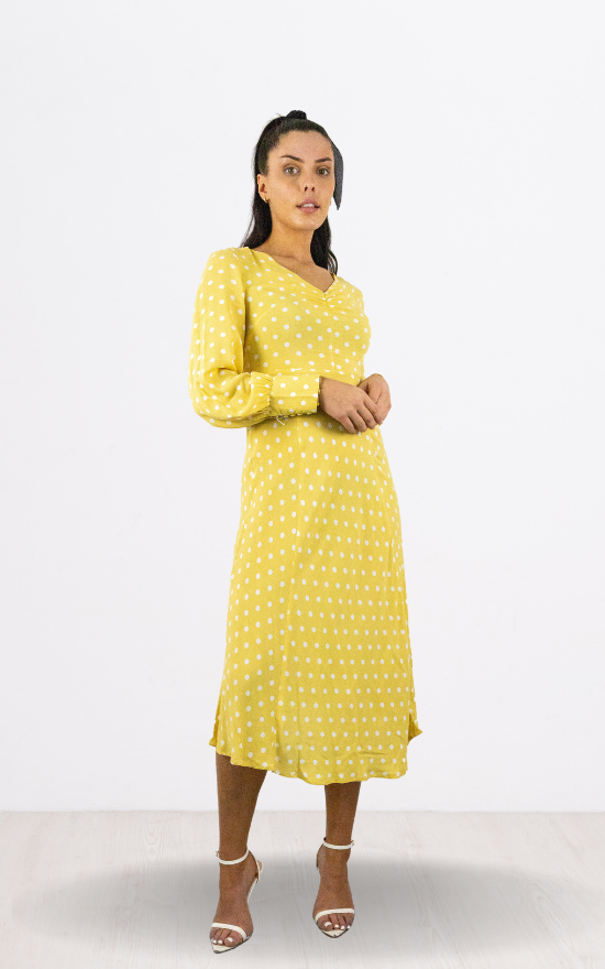 Yellow Spot Print Full Sleeve Midi Dress