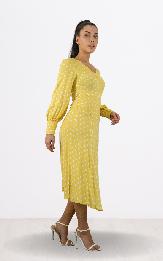 Yellow Spot Print Full Sleeve Midi Dress