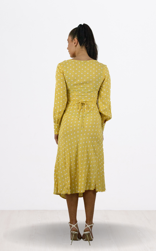 Yellow Spot Print Full Sleeve Midi Dress