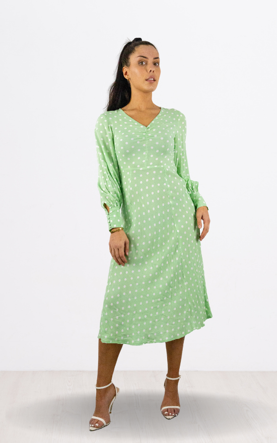 Sage Green Spot Print Full Sleeve Midi Dress Signagefashion Sage Green Spot Print Full Sleeve Midi Dress Signagefashion