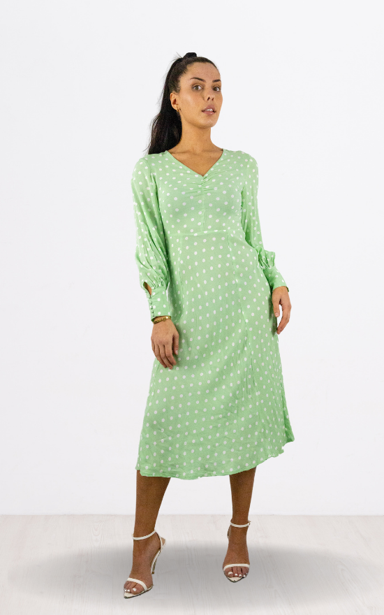 Sage Green Spot Print Full Sleeve Midi Dress