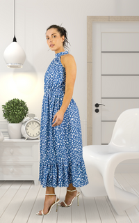 Blue Print Halter Neck Maxi Dress