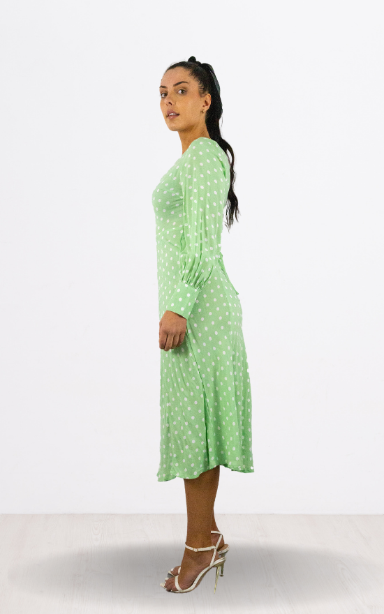 Sage Green Spot Print Full Sleeve Midi Dress