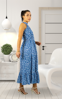 Blue Print Halter Neck Maxi Dress