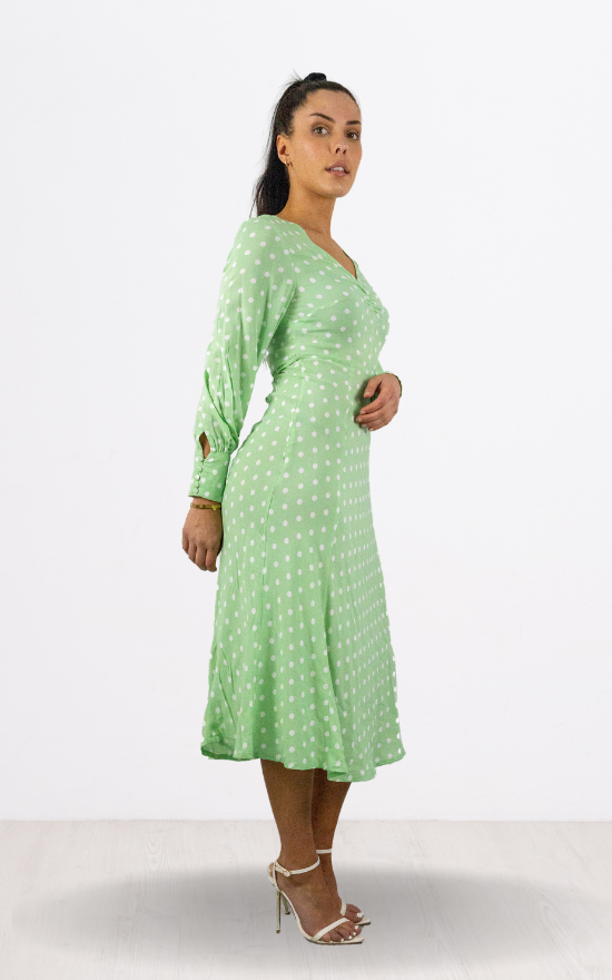 Sage Green Spot Print Full Sleeve Midi Dress