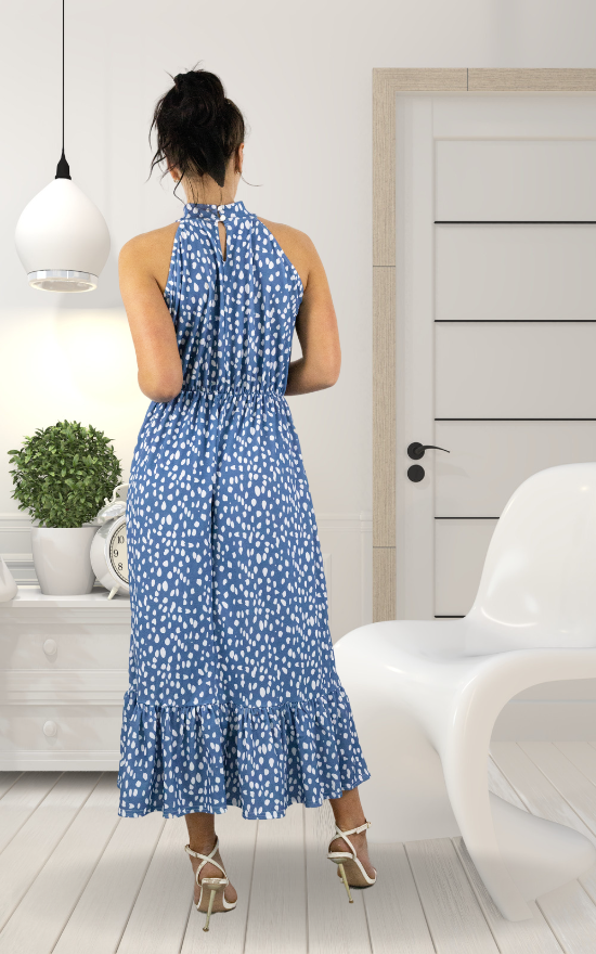 Blue Print Halter Neck Maxi Dress