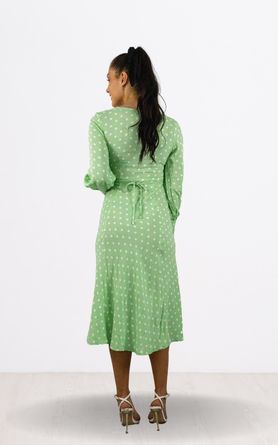 Sage Green Spot Print Full Sleeve Midi Dress